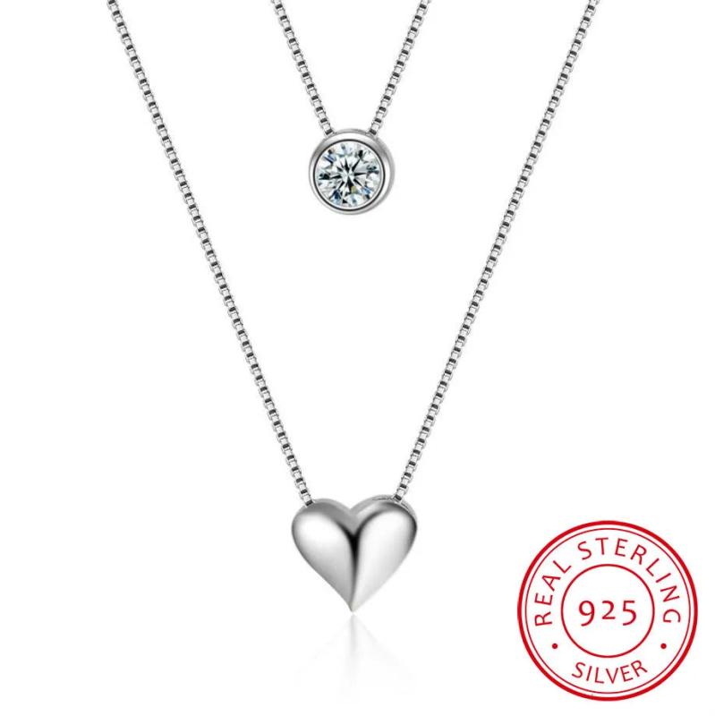 925 Silver Double Layers Collarbone Necklace Cz Love-heart Pendant