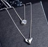 925 Silver Double Layers Collarbone Necklace Cz Love-heart Pendant