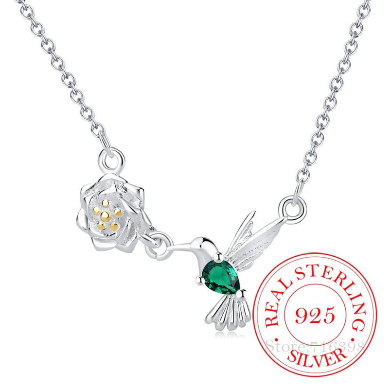 925 Silver Green Bird Choker Pendant Necklace CZ Zircon Pretty Jewelry