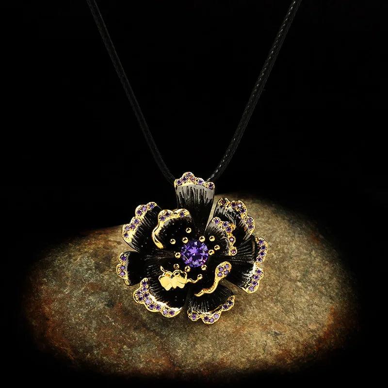 Lady Flower Zircon Pendant Necklace 925 Silver Sweater Chain