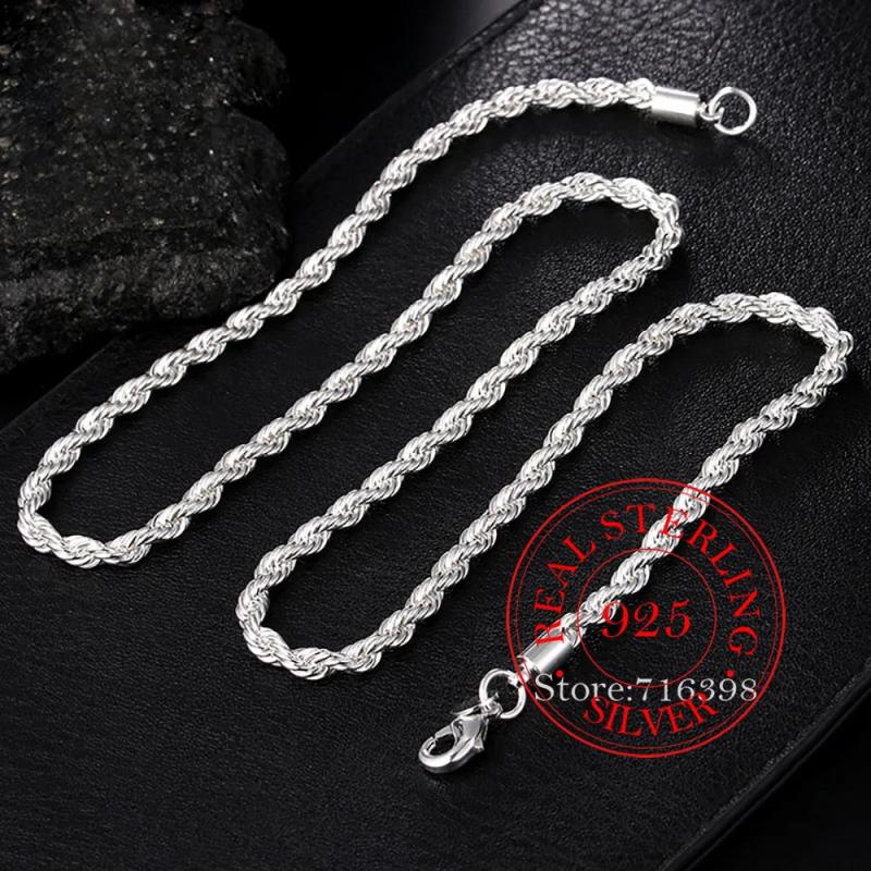 925 Silver 4mm Twisted Rope Chain Necklace For Women Man
