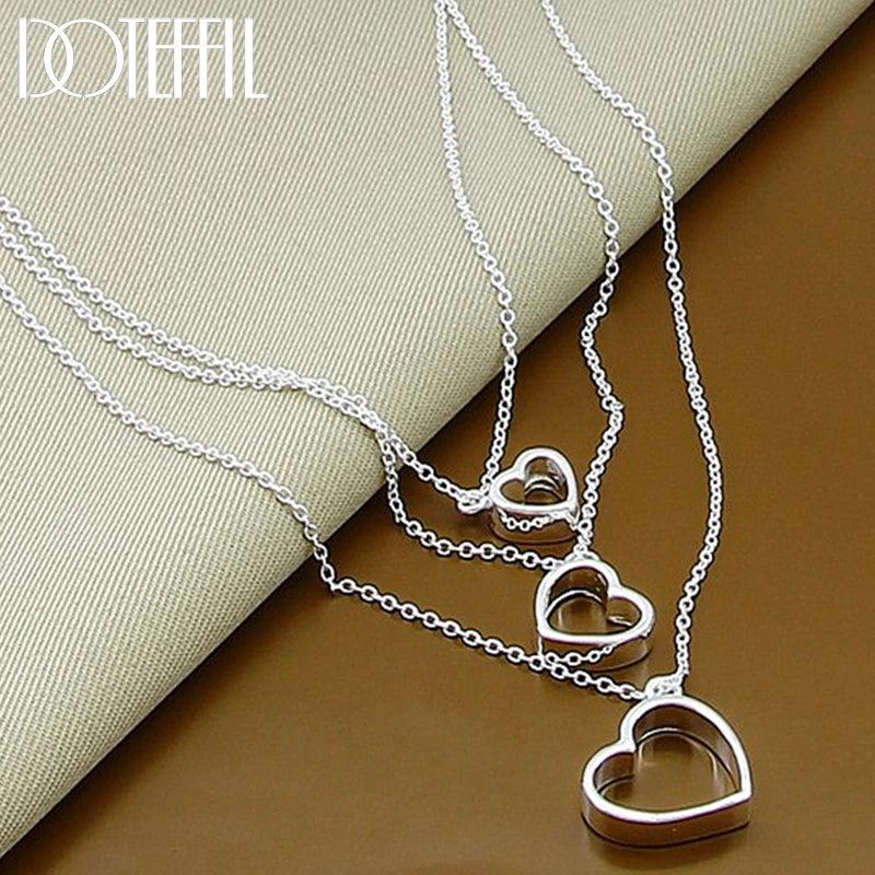 925 Silver Three Heart Chain Pendant Necklace For Women Wedding