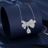 Silver Necklace Zircon Stone bow-knot Pendant Sweater Chain Choker