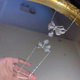 Silver Necklace Zircon Stone bow-knot Pendant Sweater Chain Choker