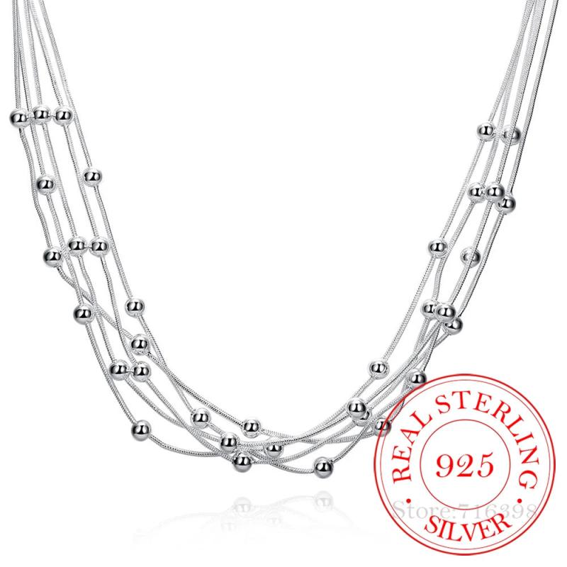925 Silver 18'' Five Lines Beads Snake Chain Charm Balls Multilayer Necklaces