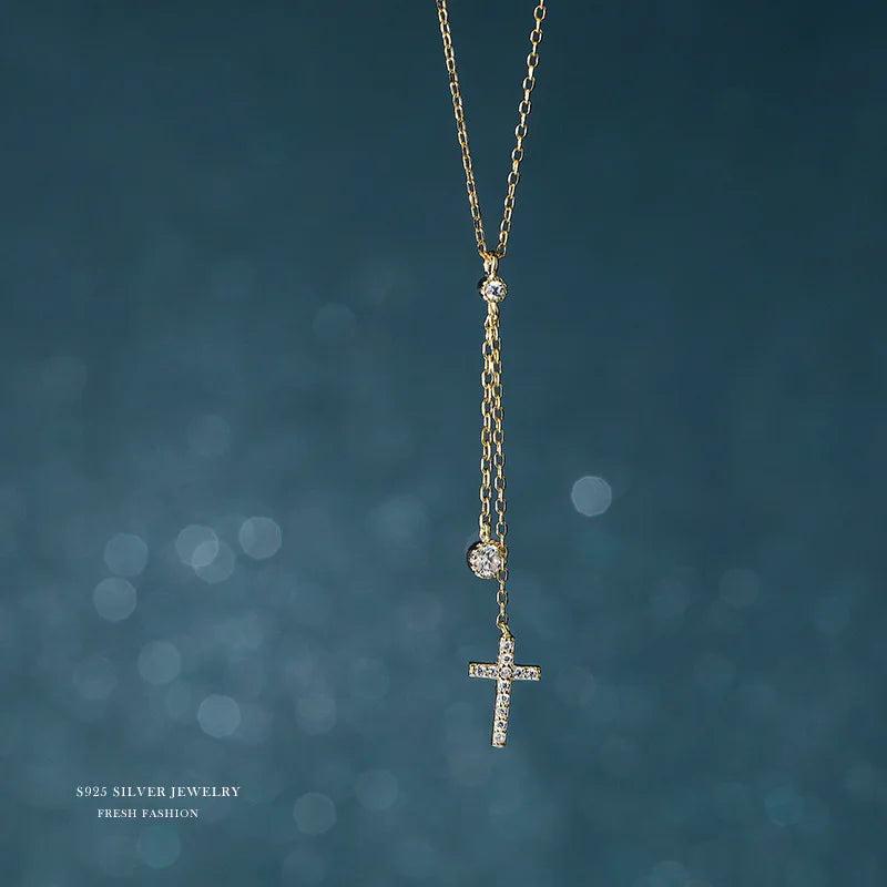 925 Silver CZ Cross Pendant Short Necklace Gift Girls
