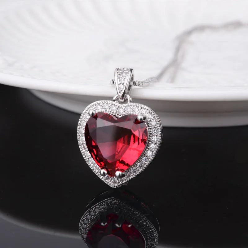 925 Silver Heart Shape Ruby Zircon Pendant for Women