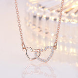 925 Silver Double Heart Zircon Pendant Necklace Rose Rhinestone Chain