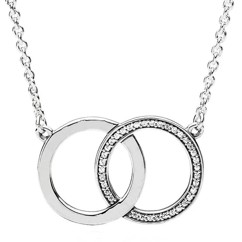 925 Silver Double Hoop T-bar Heart Two-tone Circle Daisy Necklace