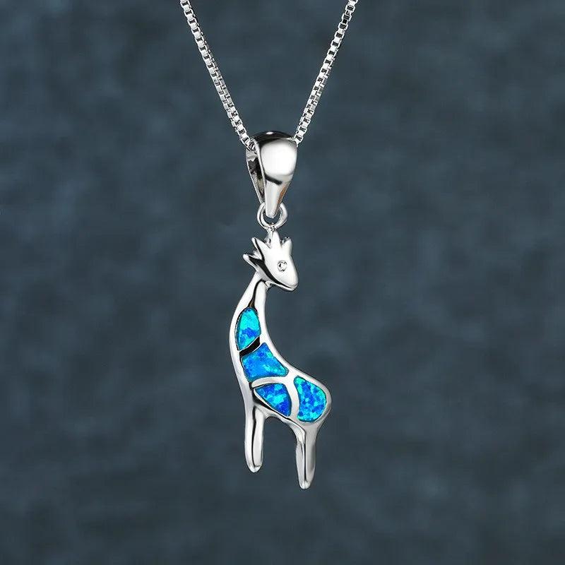 925 Silver Giraffe Pendant Necklace Opal Stone Bridal Jewelry