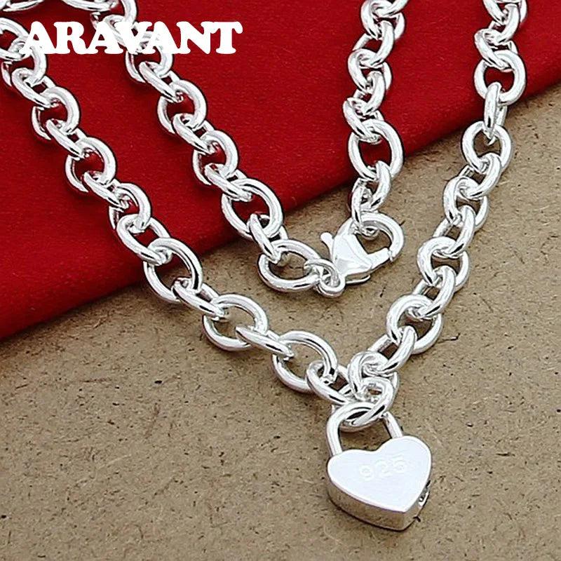 925 Silver Heart Lock Necklaces Chains Women Pendant Necklace
