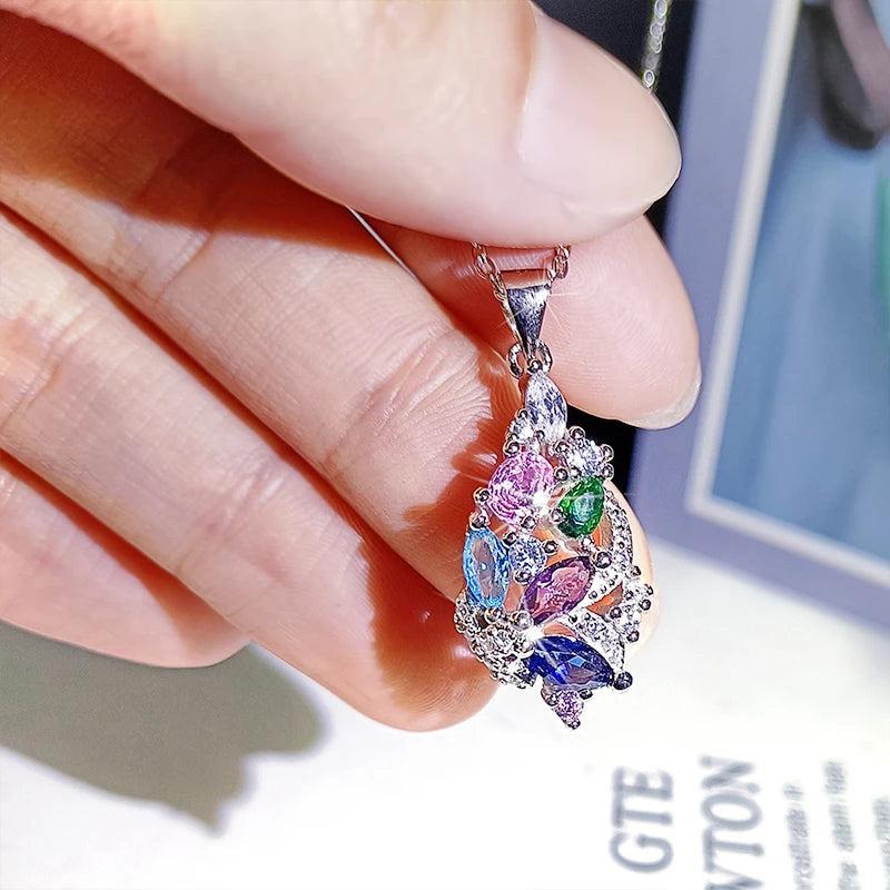 Crystal Stone Pendant Necklace Multicolor Zirconia Clavicle Chain