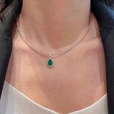 925 Silver Diamond Emerald Water Drop Necklace Pendant