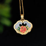 Hetian Jade Enamel Flower Pendant Retro Style Jewelry