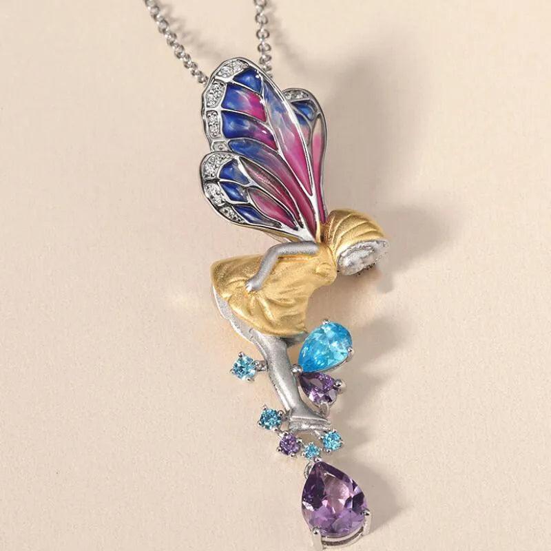 Fairy Angle Pendant Necklace for Women Enamel Jewelry CZ Stone Necklaces Choker