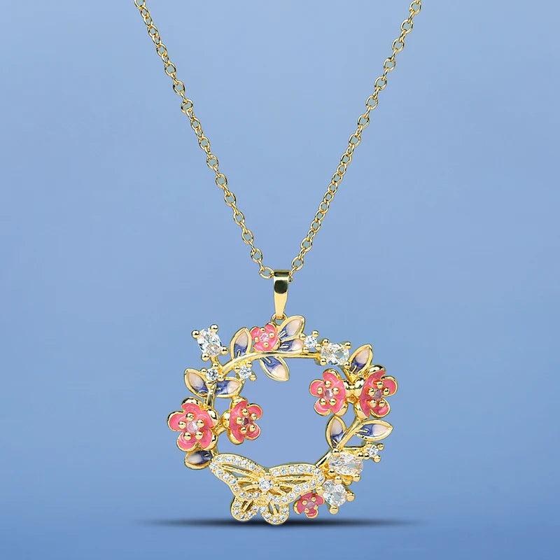 Colorful Flower Circle Pendant Necklace Zircon Butterfly Clavicle Chain