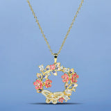 Colorful Flower Circle Pendant Necklace Zircon Butterfly Clavicle Chain