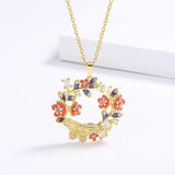 Colorful Flower Circle Pendant Necklace Zircon Butterfly Clavicle Chain