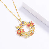 Colorful Flower Circle Pendant Necklace Zircon Butterfly Clavicle Chain