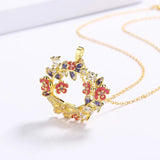 Colorful Flower Circle Pendant Necklace Zircon Butterfly Clavicle Chain