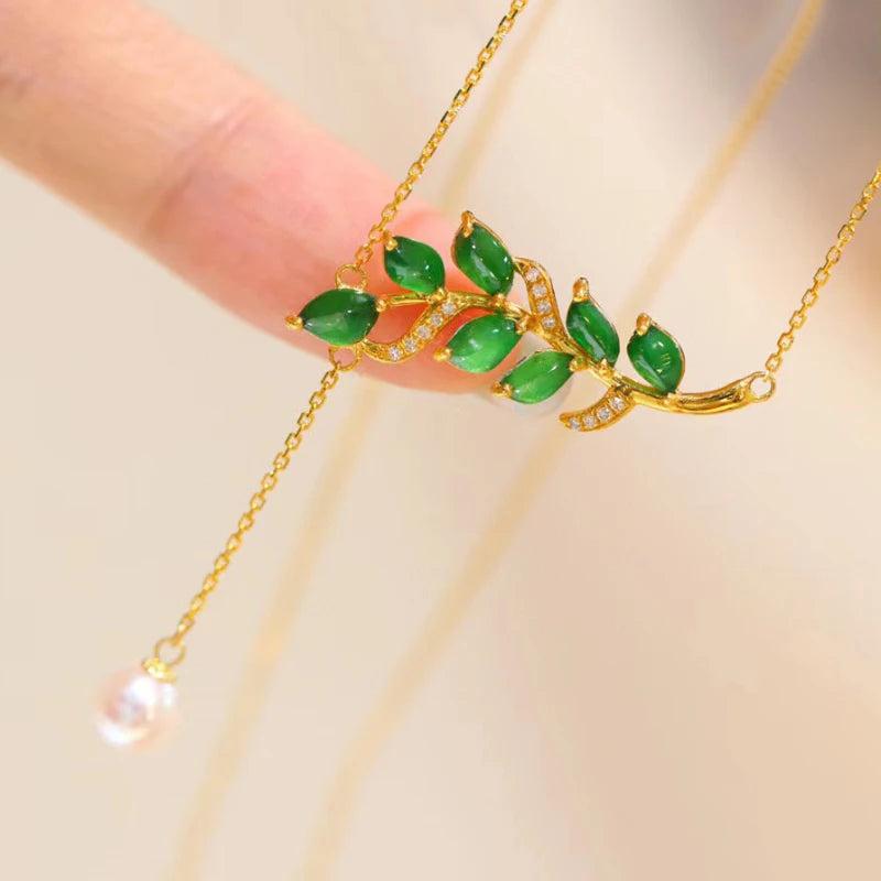 Natural Hetian Jade Leaf Pendant Tassel Necklace