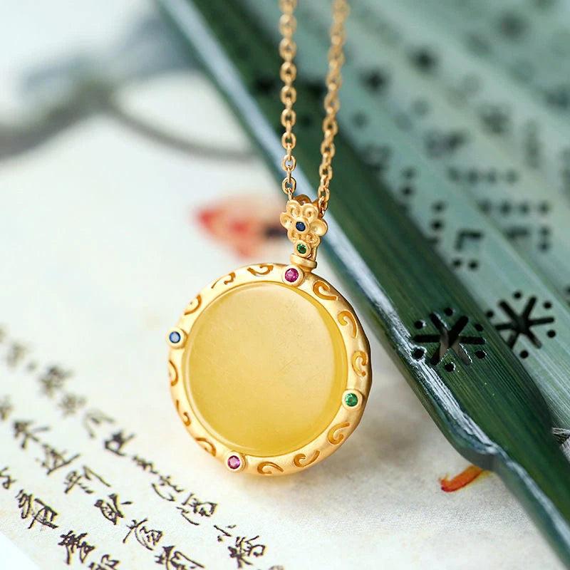 Yellow Chalcedony Hollow Plane Necklace Pendant Ancient Craft Jewelry