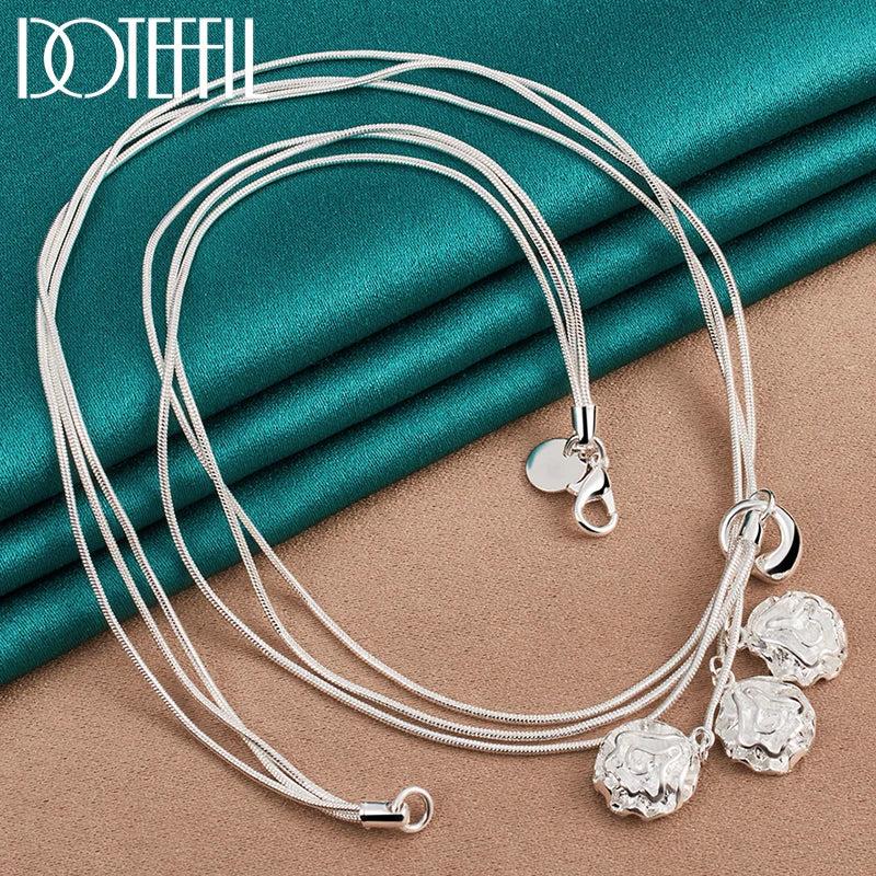 925 Silver Three Rose Flowers Snake Chain Necklace Women Wedding Jewelry