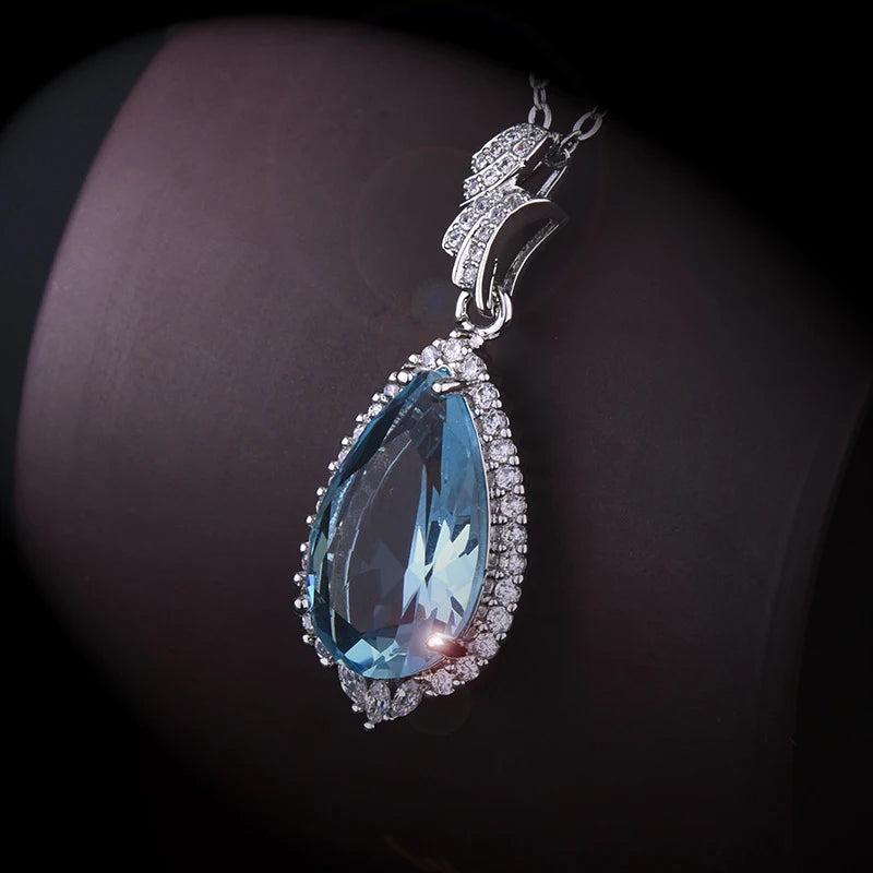 925 Silver Necklace Water Drop Shape Sapphire Pendant Wedding Gift