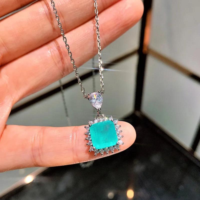 Vintage Paraiba Tourmaline Pendant Necklace High Carbon Diamond Fine Jewelry