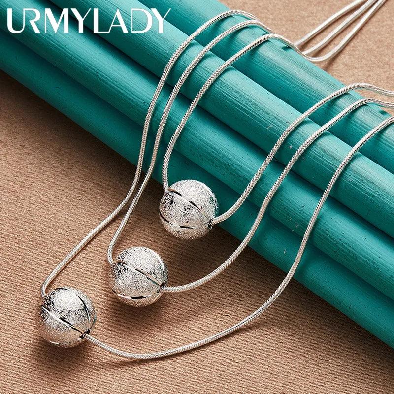 925 Silver Frosted Round Bead Charm Snake Chain Necklace