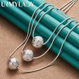 925 Silver Frosted Round Bead Charm Snake Chain Necklace