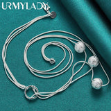 925 Silver Frosted Round Bead Charm Snake Chain Necklace