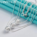 925 Silver Frosted Round Bead Charm Snake Chain Necklace