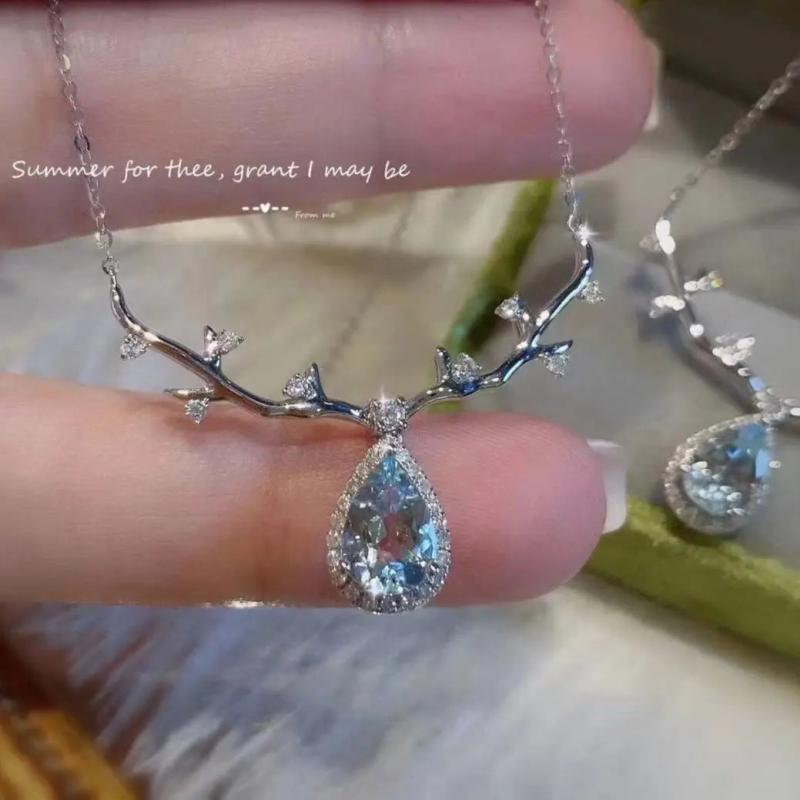 Elk Female Necklace Water Drop Sea CZ Crystal Pendant Chain Silver Choker