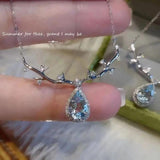 Elk Female Necklace Water Drop Sea CZ Crystal Pendant Chain Silver Choker