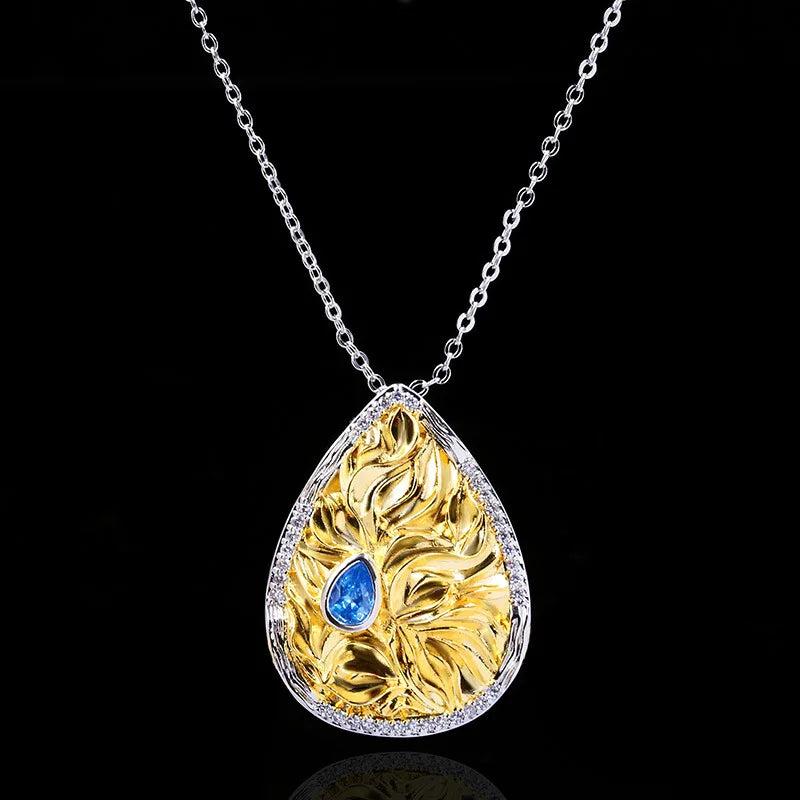 Golden Sapphire Pendant Necklace 925 Silver Ladies Jewelry Embossed