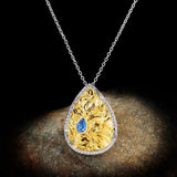 Golden Sapphire Pendant Necklace 925 Silver Ladies Jewelry Embossed