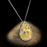 Golden Sapphire Pendant Necklace 925 Silver Ladies Jewelry Embossed