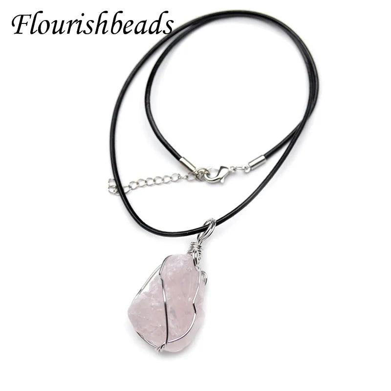 Rough Rose Quartz Wire Wrapped Pendant Necklace