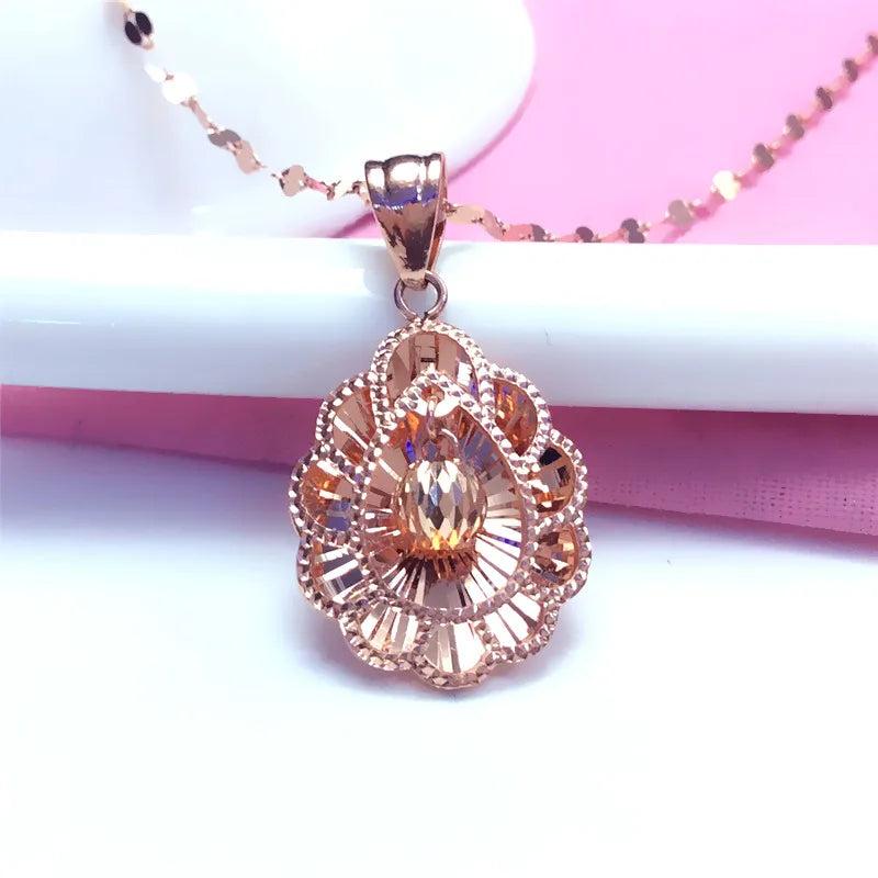 Purple Plated Rose Oval Flower Pendant Necklace Round Beads Women's Jewelry