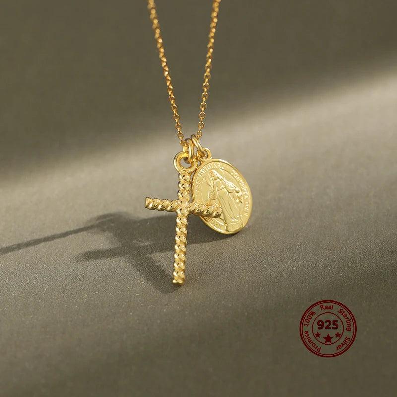 925 Silver Gold-plated Cross Coin Round Tag Necklace