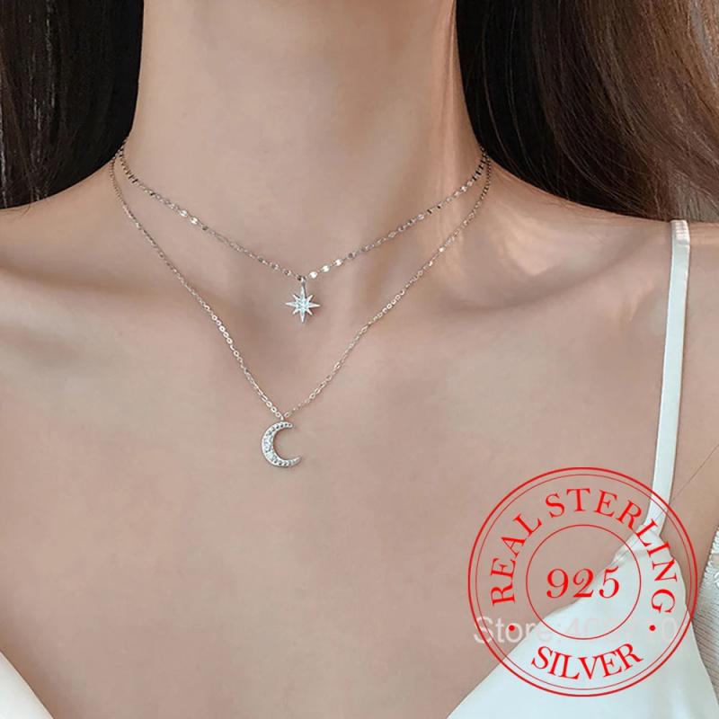 925 Silver CZ Moon Clavicle Chain Necklace