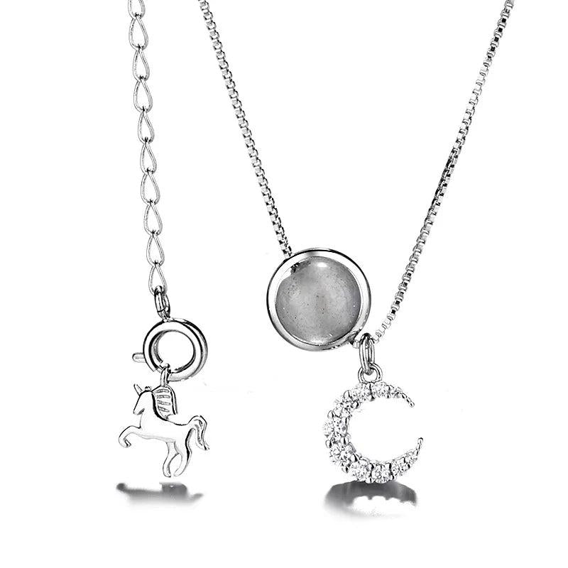 Sterling Silver Crystal Unicorn Moon Pendant Necklace