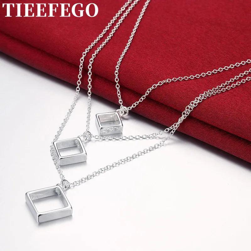 925 Silver Square Pendant Necklace For Women Men