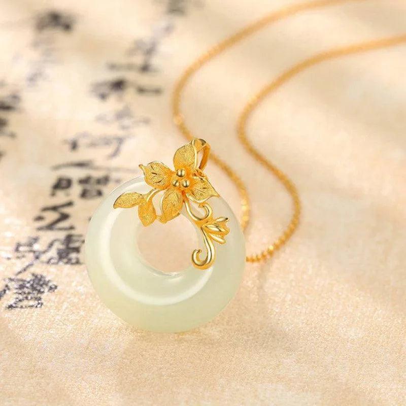 Hetian Jade Round Pendant Flower Clavicle Chain Wedding Jewelry