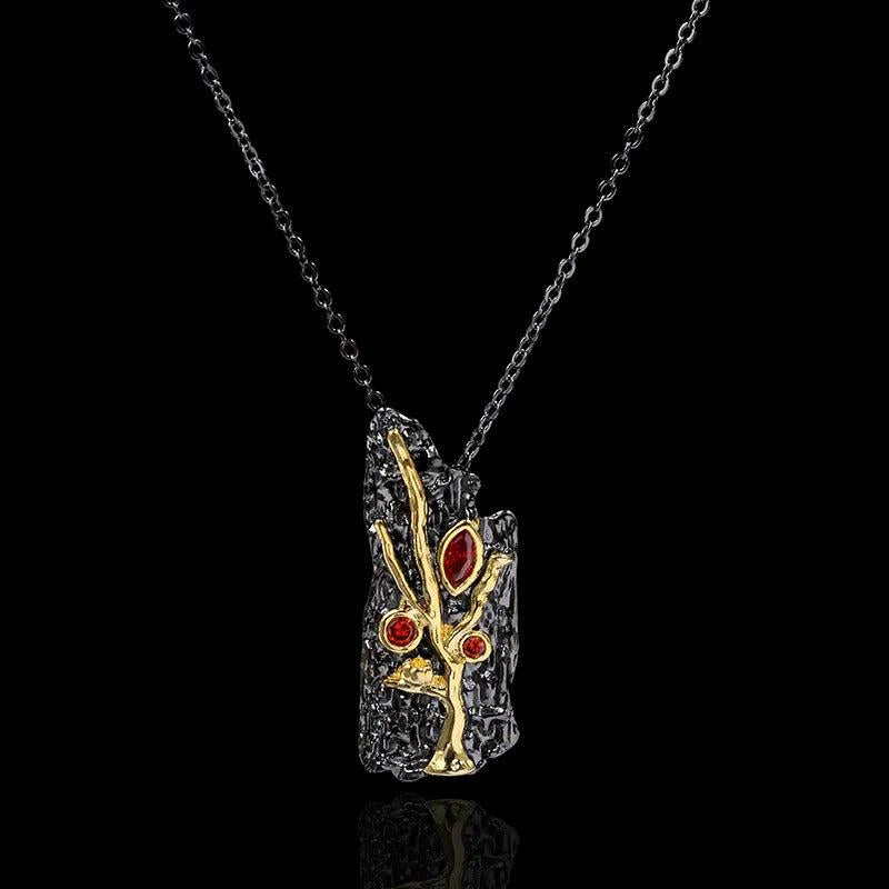 Natural Garnet Pendant Necklace Two Tone Gothic Branch Chains