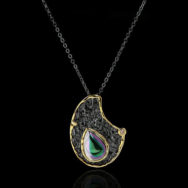 Exaggerated Gilding Pendant Necklace with Mystery Rainbow Stone Inlay