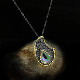 Exaggerated Gilding Pendant Necklace with Mystery Rainbow Stone Inlay
