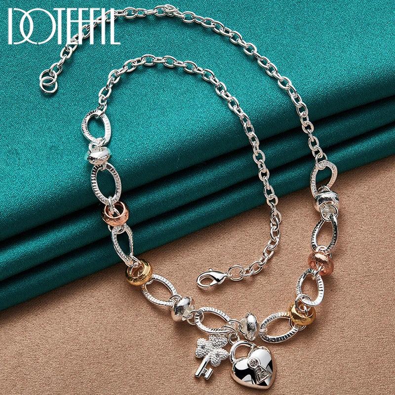 925 Silver Heart Lock Key Pendant Necklace Wedding Charm