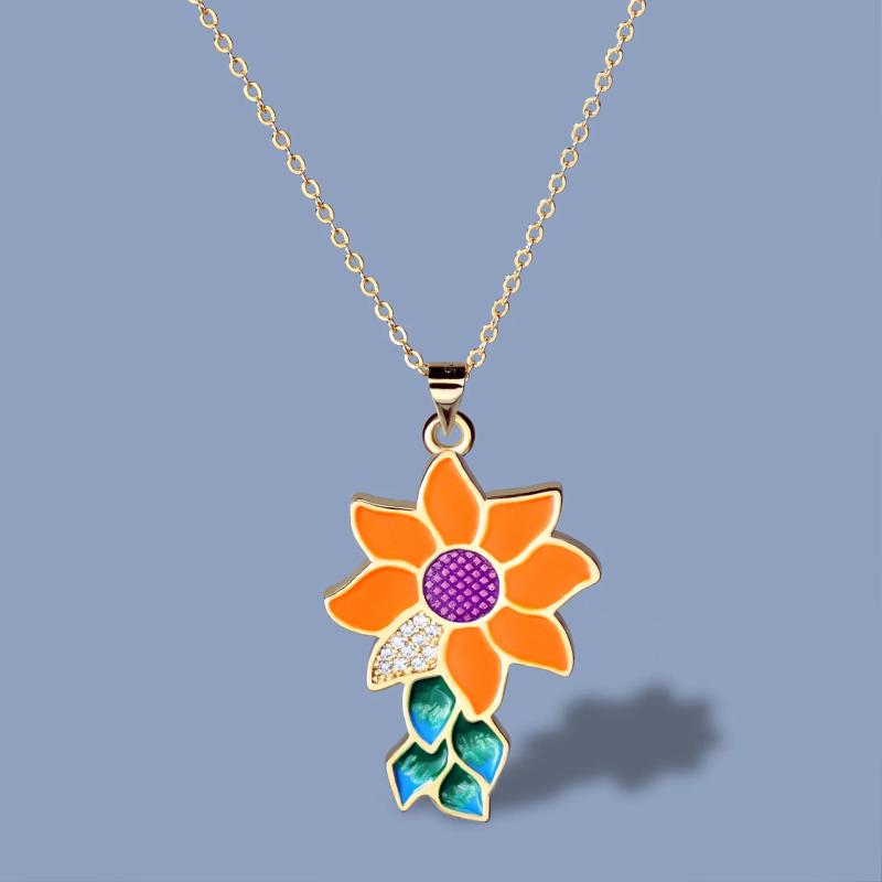 Sun Flower Pendant 925 Silver Lady Jewelry Necklace Enamel